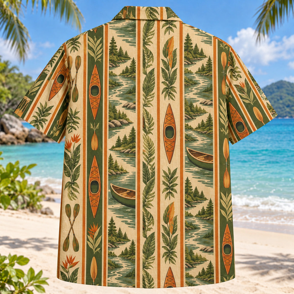 Back view of Resort Stripes Kayak and Canoe Hawaiian Shirt with matching kayak and canoe artwork in olive green, parchment, burnt orange