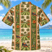 Back view of Resort Stripes Landscaper Hawaiian Shirt with matching landscaper artwork in olive green, parchment, burnt orange