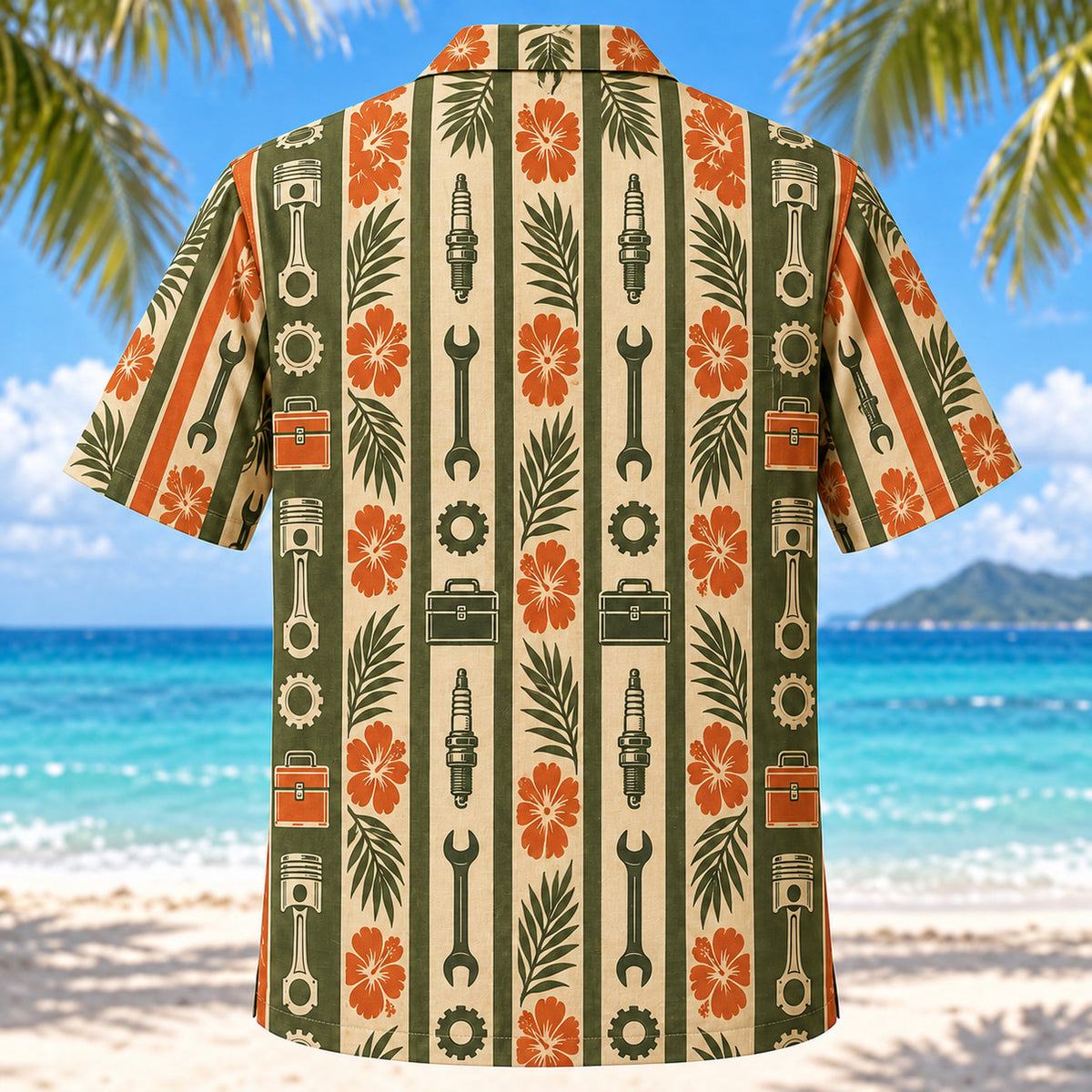 Back view of Resort Stripes Mechanic Hawaiian Shirt with matching mechanic artwork in olive green, parchment, burnt orange