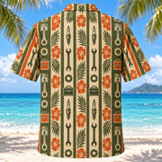 Back view of Resort Stripes Mechanic Hawaiian Shirt with matching mechanic artwork in olive green, parchment, burnt orange