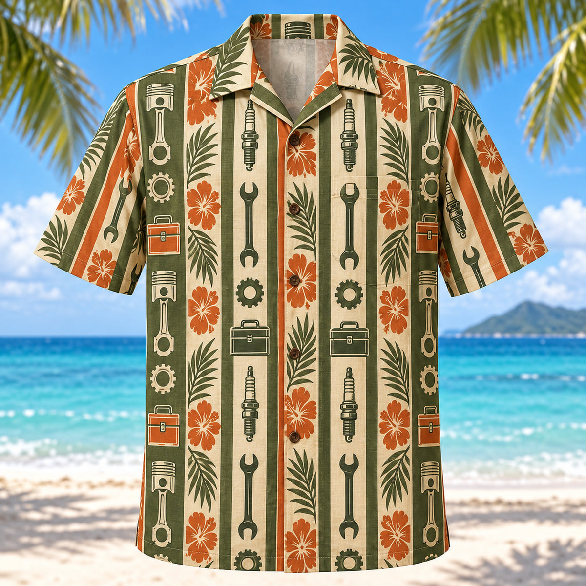 Front view of Resort Stripes Mechanic Hawaiian Shirt with vertical resort stripes rhythmically interrupted by generic pistons, spark plugs, wrenches, toolboxes and gears
