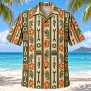Front view of Resort Stripes Mechanic Hawaiian Shirt with vertical resort stripes rhythmically interrupted by generic pistons, spark plugs, wrenches, toolboxes and gears
