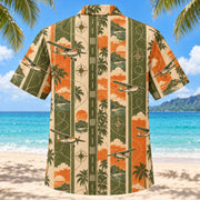 Back view of Resort Stripes Pilot and Aviation Hawaiian Shirt with matching pilot and aviation artwork in olive green, parchment, burnt orange