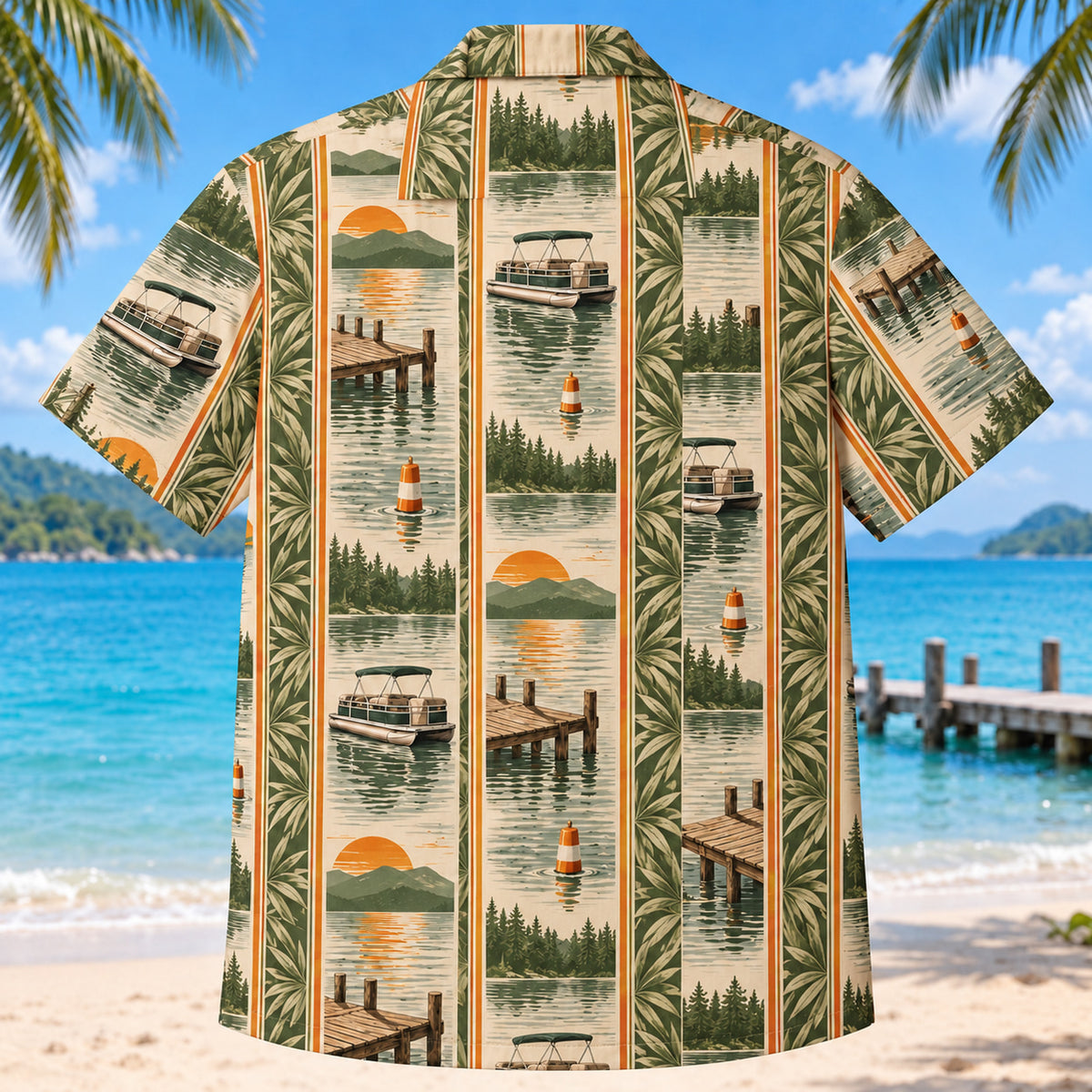 Back view of Resort Stripes Pontoon Boating Hawaiian Shirt with matching pontoon boating artwork in olive green, parchment, burnt orange