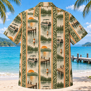 Back view of Resort Stripes Pontoon Boating Hawaiian Shirt with matching pontoon boating artwork in olive green, parchment, burnt orange