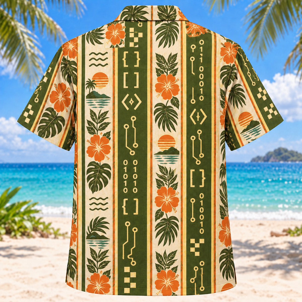 Back view of Resort Stripes Programmer Hawaiian Shirt with matching programmer artwork in olive green, parchment, burnt orange