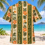 Back view of Resort Stripes Programmer Hawaiian Shirt with matching programmer artwork in olive green, parchment, burnt orange