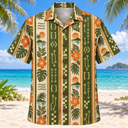 Front view of Resort Stripes Programmer Hawaiian Shirt with vertical resort stripes rhythmically interrupted by original brackets, readable self-written pseudocode, binary patterns, pixels and invented debugging symbols
