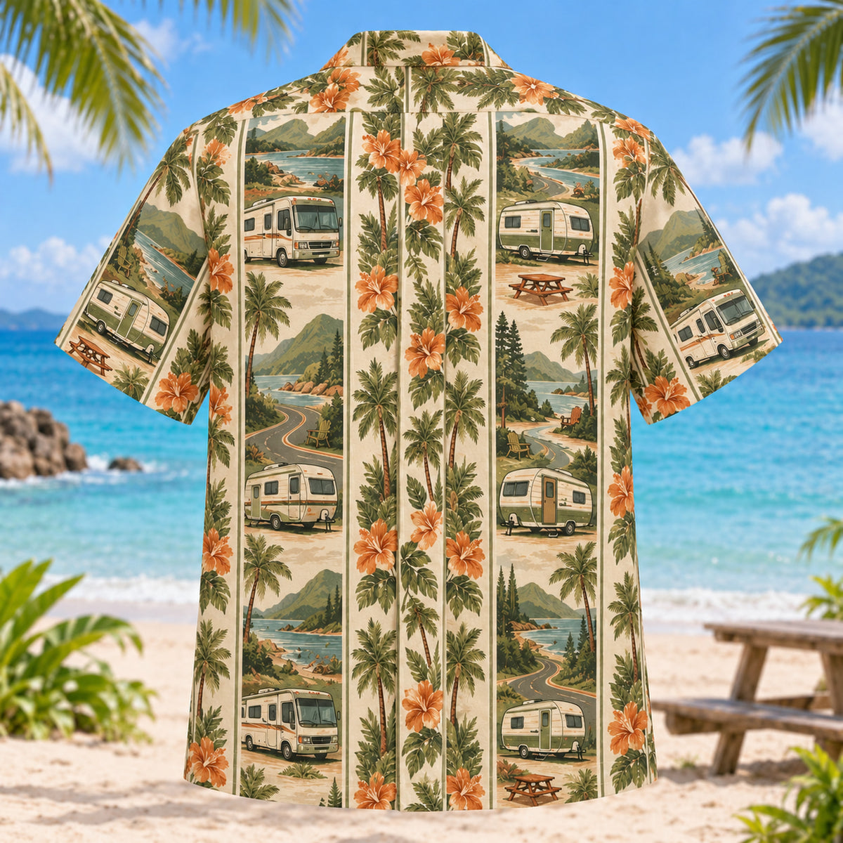 Back view of Resort Stripes RV and Travel Trailer Hawaiian Shirt with matching rv and travel trailer artwork in olive green, parchment, burnt orange