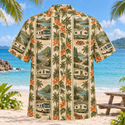 Back view of Resort Stripes RV and Travel Trailer Hawaiian Shirt with matching rv and travel trailer artwork in olive green, parchment, burnt orange