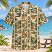 Front view of Resort Stripes RV and Travel Trailer Hawaiian Shirt with vertical resort stripes rhythmically interrupted by imaginary RVs and travel trailers, open roads, hills and picnic furniture
