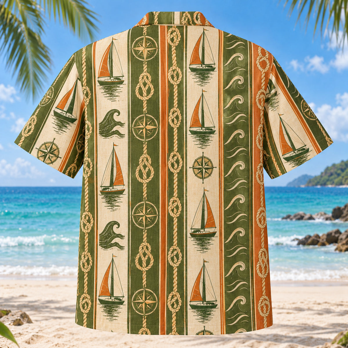 Back view of Resort Stripes Sailing Hawaiian Shirt with matching sailing artwork in olive green, parchment, burnt orange