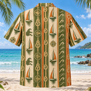 Back view of Resort Stripes Sailing Hawaiian Shirt with matching sailing artwork in olive green, parchment, burnt orange