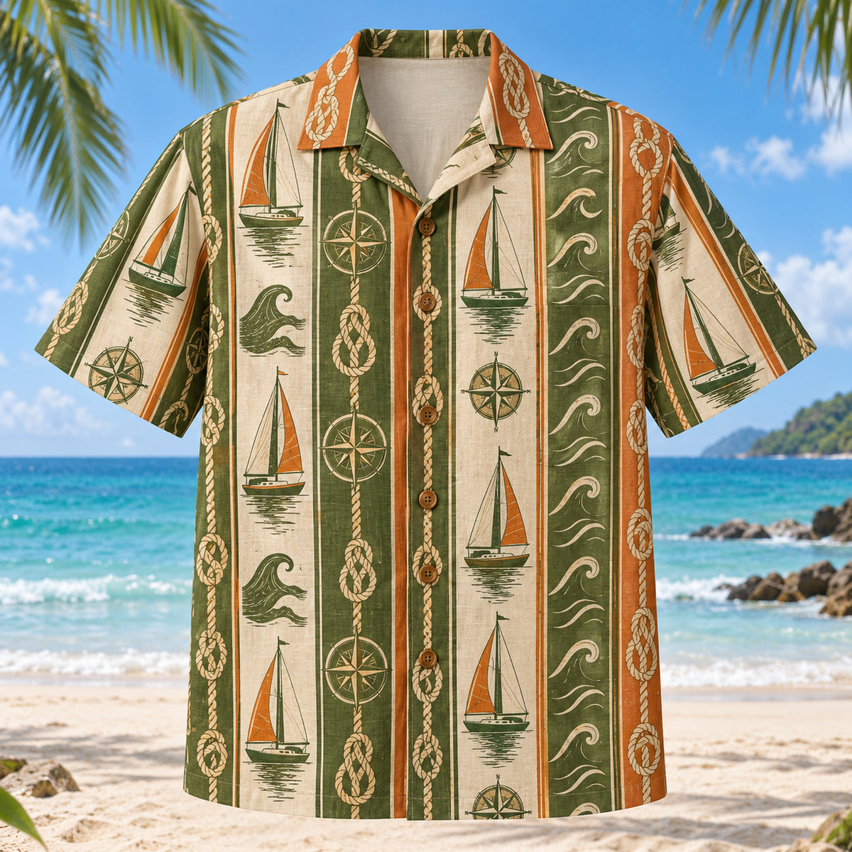 Front view of Resort Stripes Sailing Hawaiian Shirt with vertical resort stripes rhythmically interrupted by imaginary sailboats, knots, compasses and wave forms