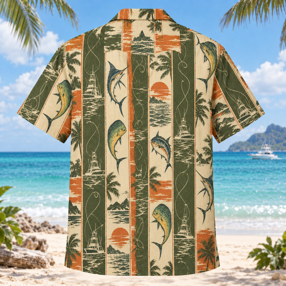 Back view of Resort Stripes Saltwater Fishing Hawaiian Shirt with matching saltwater fishing artwork in olive green, parchment, burnt orange