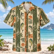Front view of Resort Stripes Saltwater Fishing Hawaiian Shirt with vertical resort stripes rhythmically interrupted by original marlin, tuna and mahi-mahi silhouettes, fishing lines and imaginary offshore boats