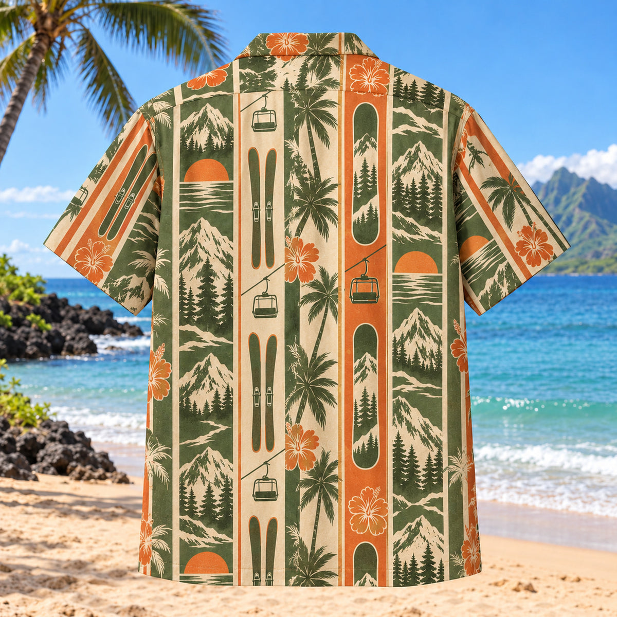 Back view of Resort Stripes Ski and Snowboard Hawaiian Shirt with matching ski and snowboard artwork in olive green, parchment, burnt orange