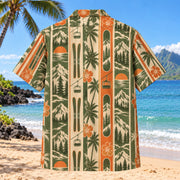 Back view of Resort Stripes Ski and Snowboard Hawaiian Shirt with matching ski and snowboard artwork in olive green, parchment, burnt orange