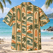 Back view of Resort Stripes Surfing Hawaiian Shirt with matching surfing artwork in olive green, parchment, burnt orange