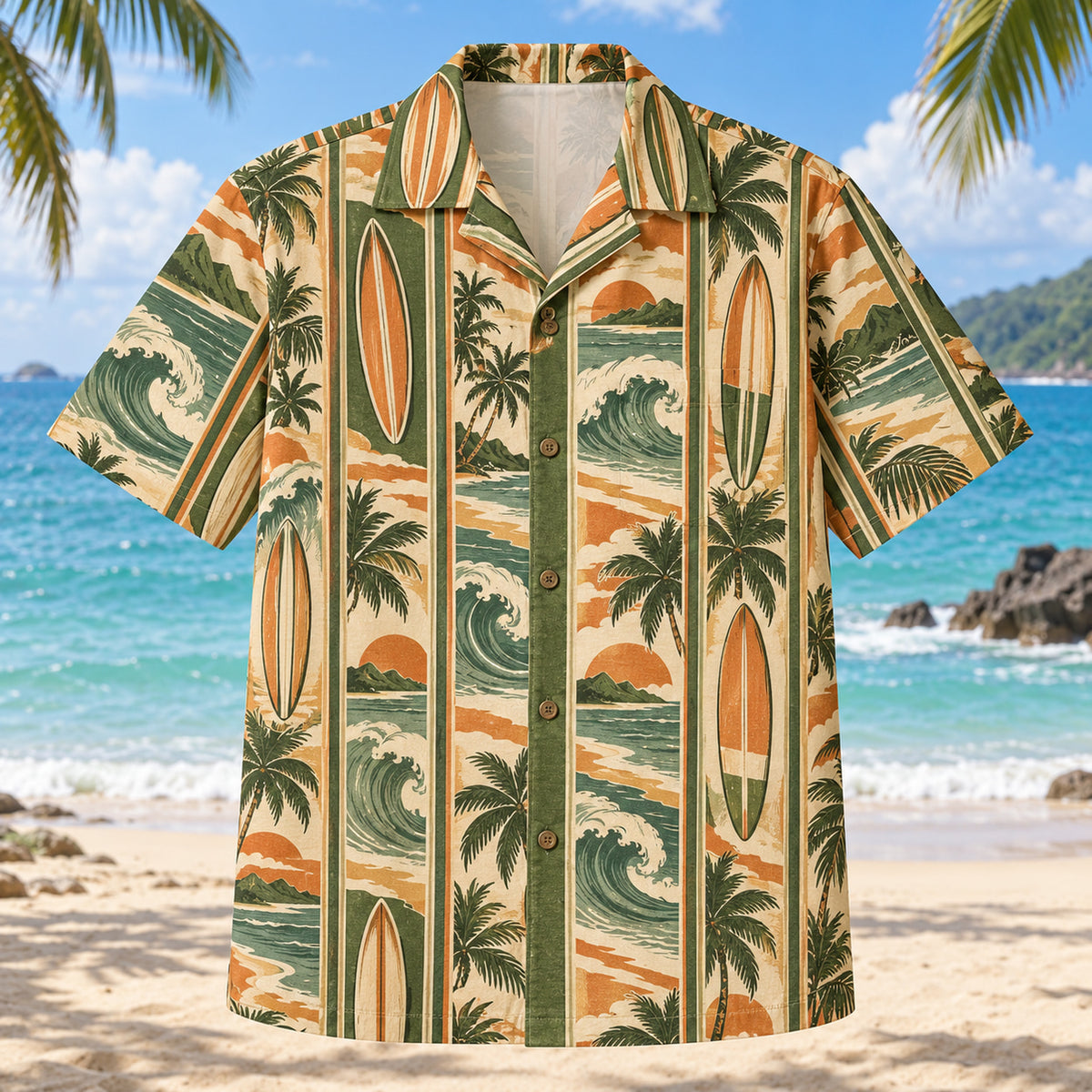 Front view of Resort Stripes Surfing Hawaiian Shirt with vertical resort stripes rhythmically interrupted by unbranded surfboards, rolling waves and curved shorelines