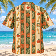 Back view of Resort Stripes Teacher Hawaiian Shirt with matching teacher artwork in olive green, parchment, burnt orange