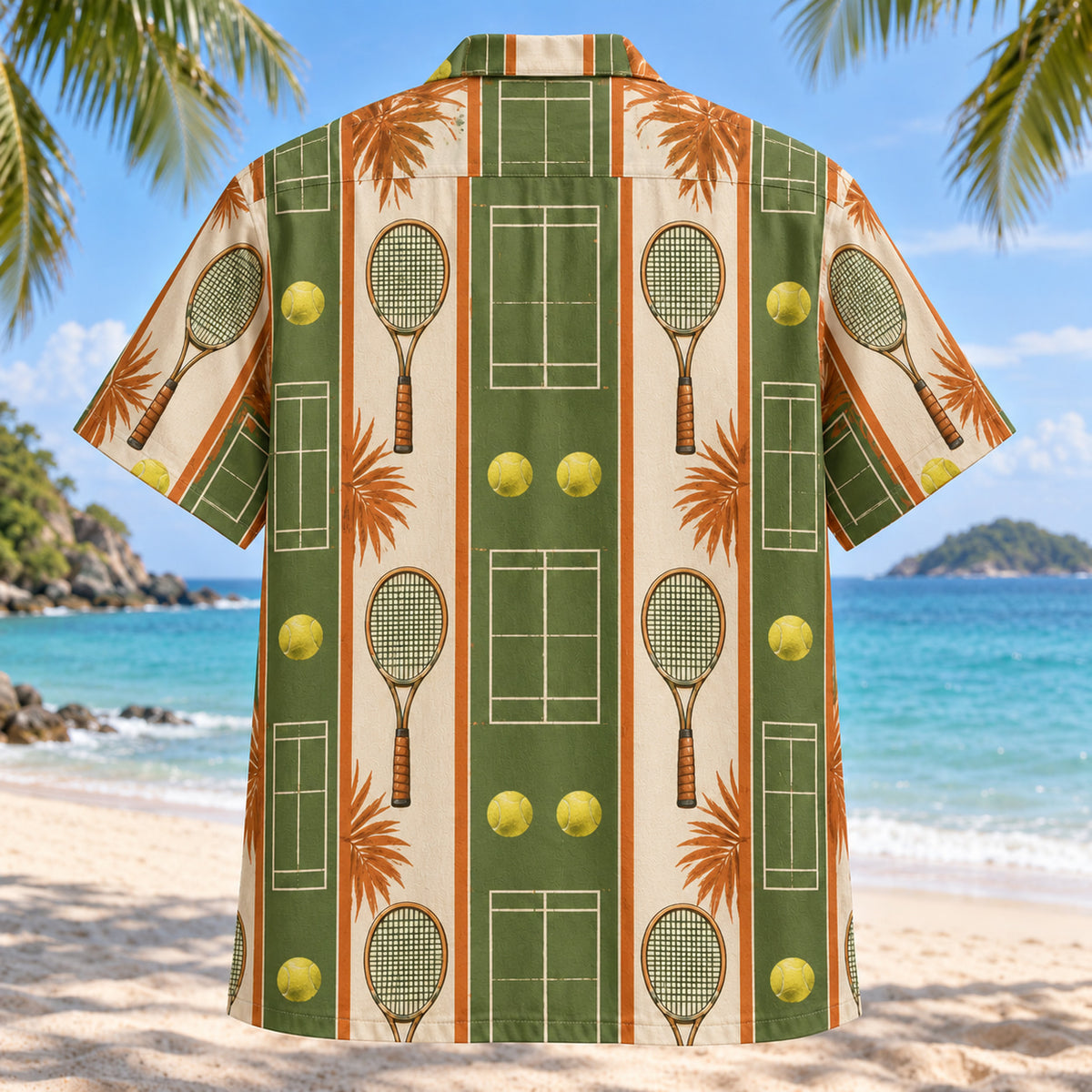 Back view of Resort Stripes Tennis Hawaiian Shirt with matching tennis artwork in olive green, parchment, burnt orange