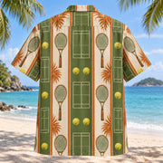 Back view of Resort Stripes Tennis Hawaiian Shirt with matching tennis artwork in olive green, parchment, burnt orange