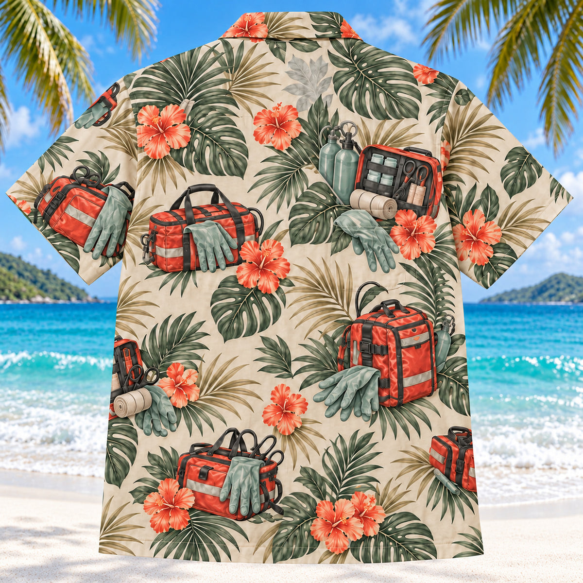 Back view of Response Bag Sage EMT and Paramedic Hawaiian Shirt on a Hawaiian beach with fine white sand