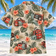 Back view of Response Bag Sage EMT and Paramedic Hawaiian Shirt on a Hawaiian beach with fine white sand