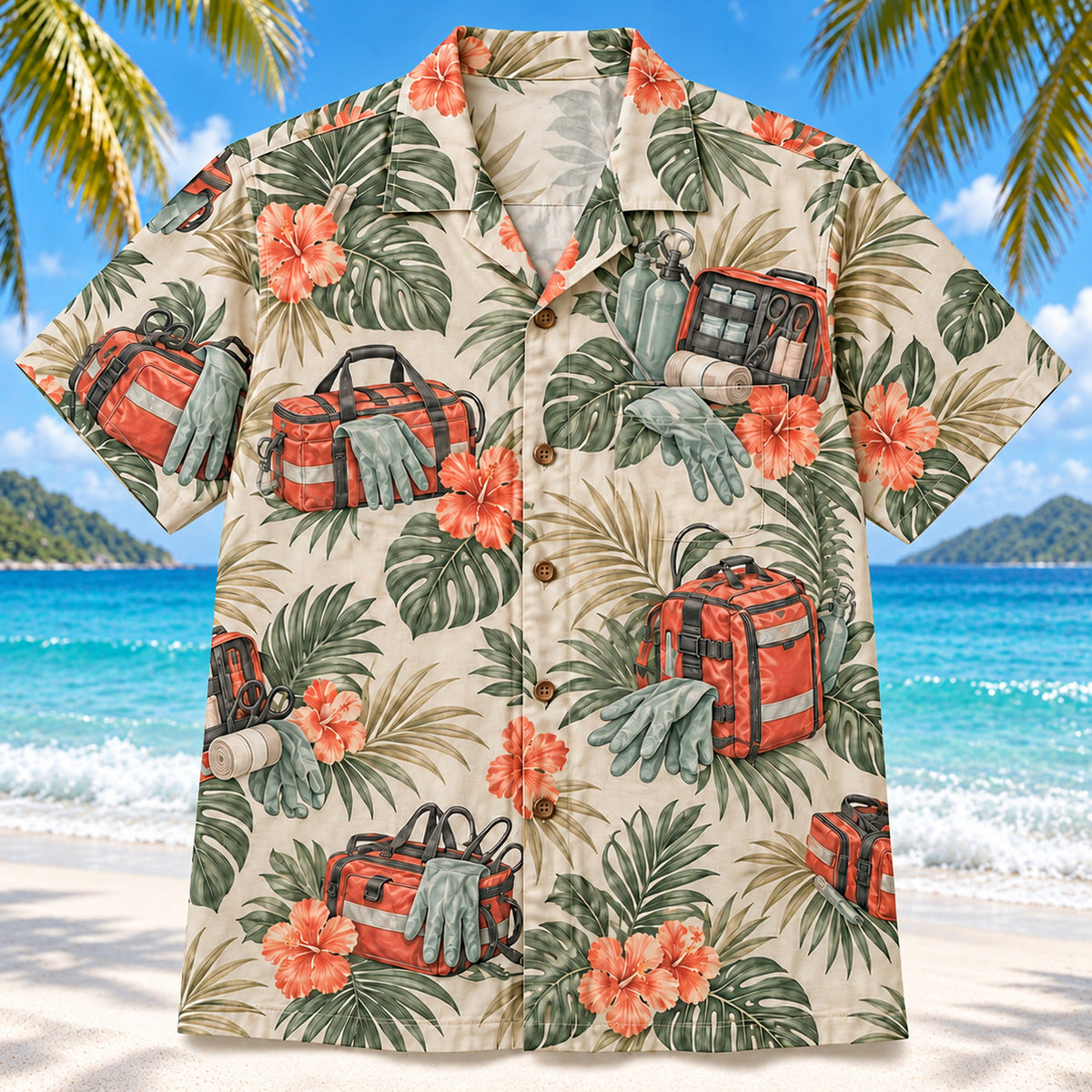 Front view of Response Bag Sage EMT and Paramedic Hawaiian Shirt on a Hawaiian beach with fine white sand