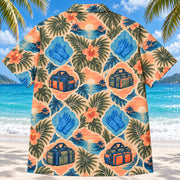 Back view of Response Bag Sunset EMT and Paramedic Hawaiian Shirt on a Hawaiian beach with fine white sand