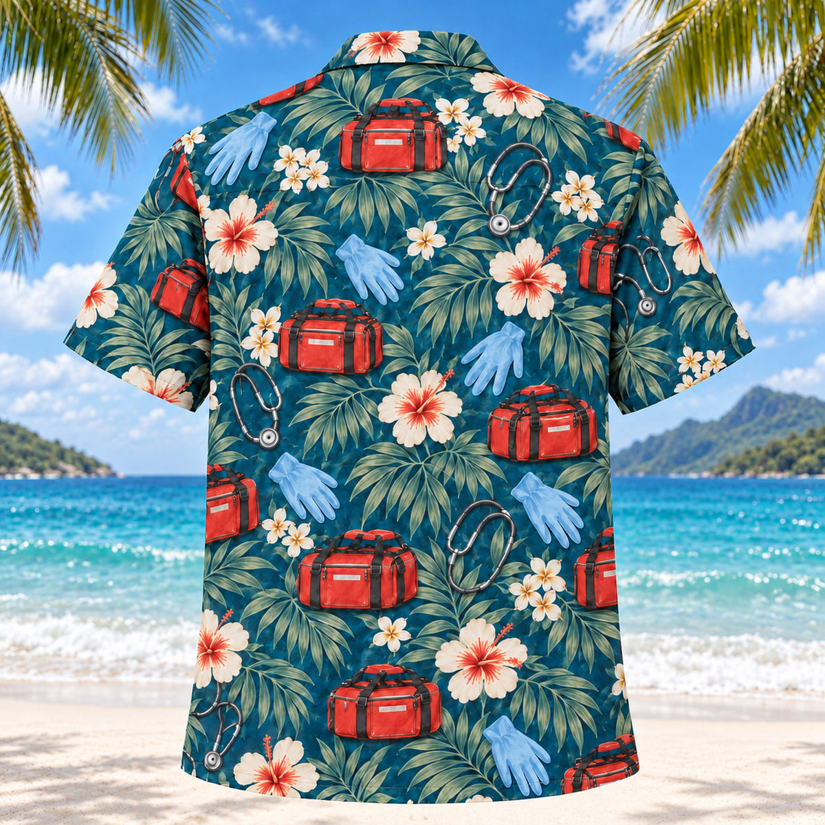 Back view of Response Bag Teal EMT and Paramedic Hawaiian Shirt on a Hawaiian beach with fine white sand