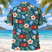 Back view of Response Bag Teal EMT and Paramedic Hawaiian Shirt on a Hawaiian beach with fine white sand