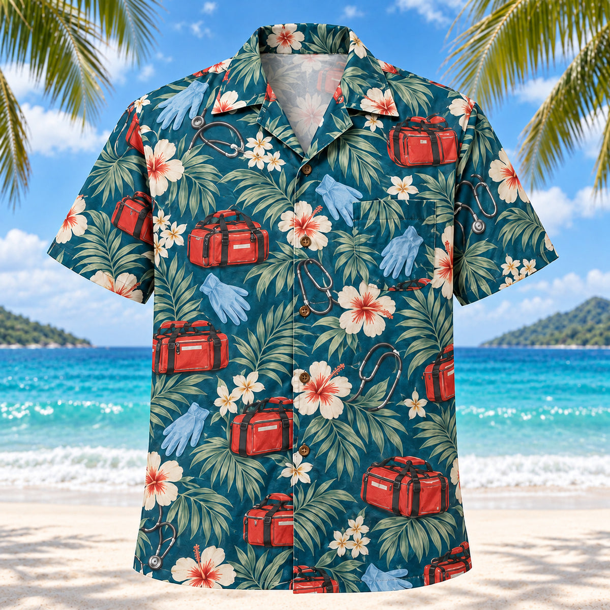 Front view of Response Bag Teal EMT and Paramedic Hawaiian Shirt on a Hawaiian beach with fine white sand