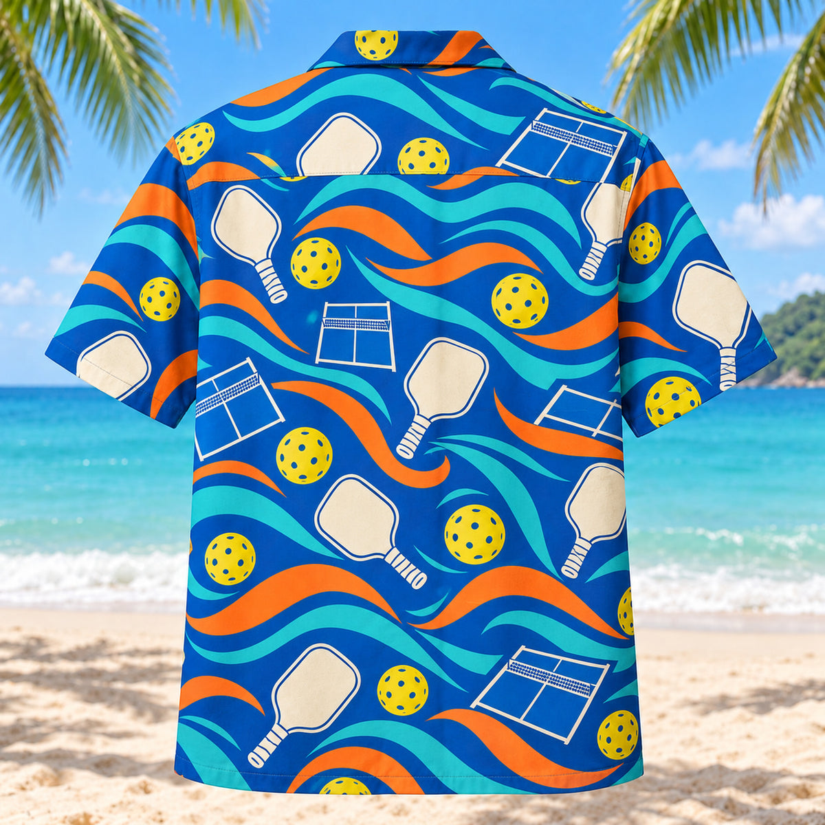 Back view of Retro Paddle Waves Pickleball Hawaiian Shirt with matching pickleball artwork in cobalt blue, tangerine, cream, turquoise