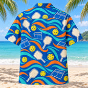 Back view of Retro Paddle Waves Pickleball Hawaiian Shirt with matching pickleball artwork in cobalt blue, tangerine, cream, turquoise