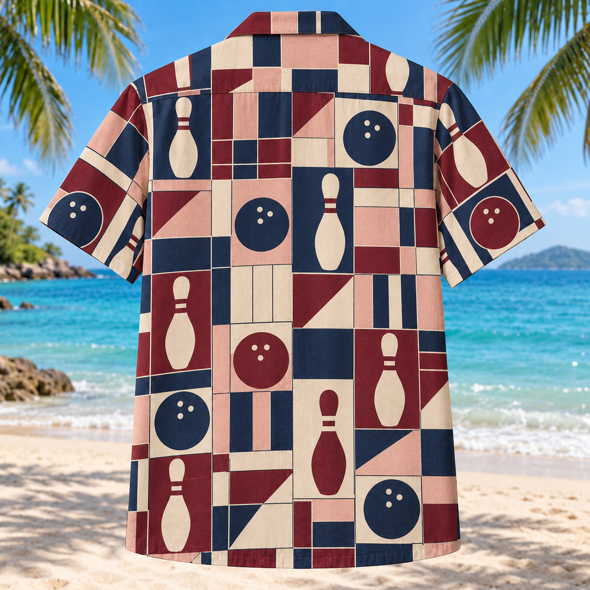 Back view of Retro Score Grid Bowling Hawaiian Shirt with matching bowling artwork in burgundy, blush, cream, navy