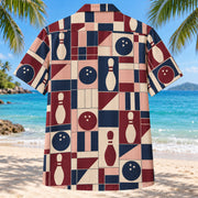 Back view of Retro Score Grid Bowling Hawaiian Shirt with matching bowling artwork in burgundy, blush, cream, navy