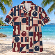 Front view of Retro Score Grid Bowling Hawaiian Shirt with original abstract score-grid blocks without numbers or text, pins and bowling balls