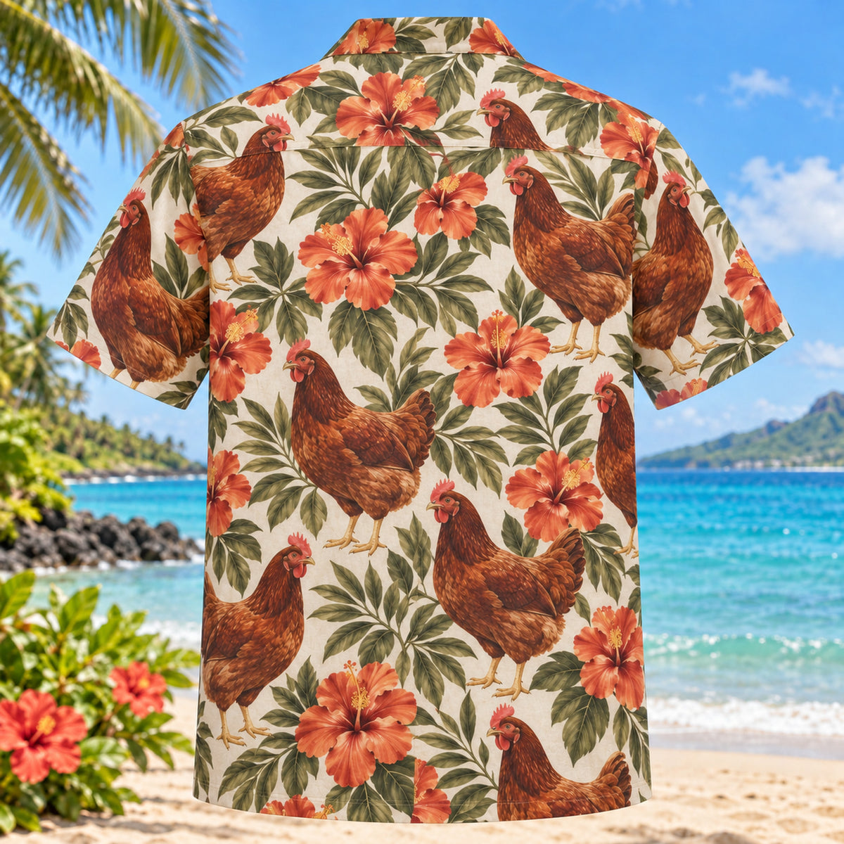 Back view of Rhode Island Red Chicken Hawaiian Shirt with matching artwork in terracotta, olive, ivory