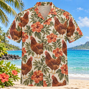 Front view of Rhode Island Red Chicken Hawaiian Shirt with Rhode Island Red hens among hibiscus and olive leaves