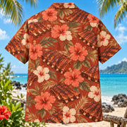 Back view of Ribs Hibiscus BBQ Hawaiian Shirt with matching artwork in rust, coral, cream