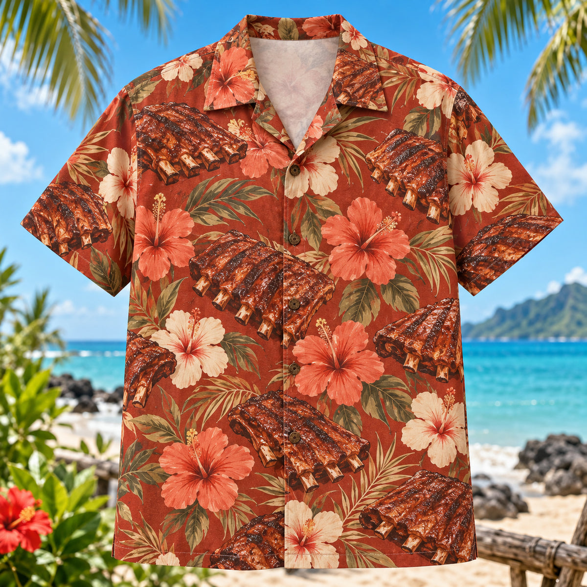 Front view of Ribs Hibiscus BBQ Hawaiian Shirt with illustrated barbecue ribs among hibiscus