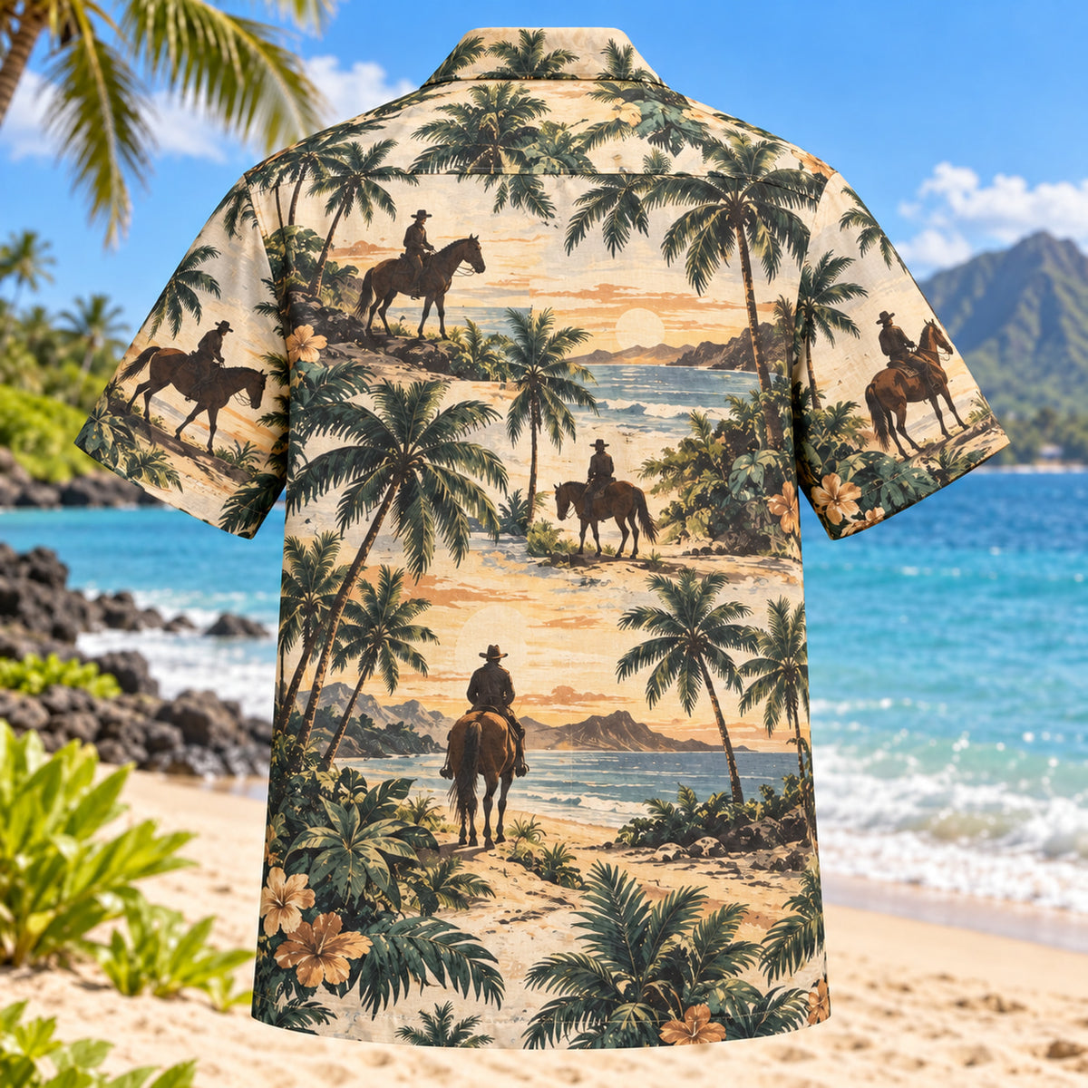 Back view of Riding Trail Palms Horse Hawaiian Shirt with matching artwork in teal, sand, brown