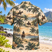 Back view of Riding Trail Palms Horse Hawaiian Shirt with matching artwork in teal, sand, brown