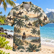 Front view of Riding Trail Palms Horse Hawaiian Shirt with horse-and-rider silhouettes on trail among palms, no identifiable person