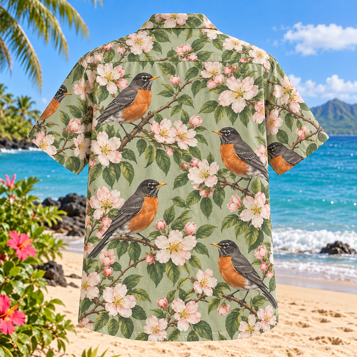 Back view of Robin Orchard Birdwatching Hawaiian Shirt with matching bird artwork in orange, sage, blush