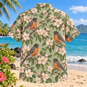 Back view of Robin Orchard Birdwatching Hawaiian Shirt with matching bird artwork in orange, sage, blush