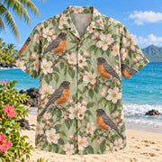 Front view of Robin Orchard Birdwatching Hawaiian Shirt with American robins among orchard blossoms