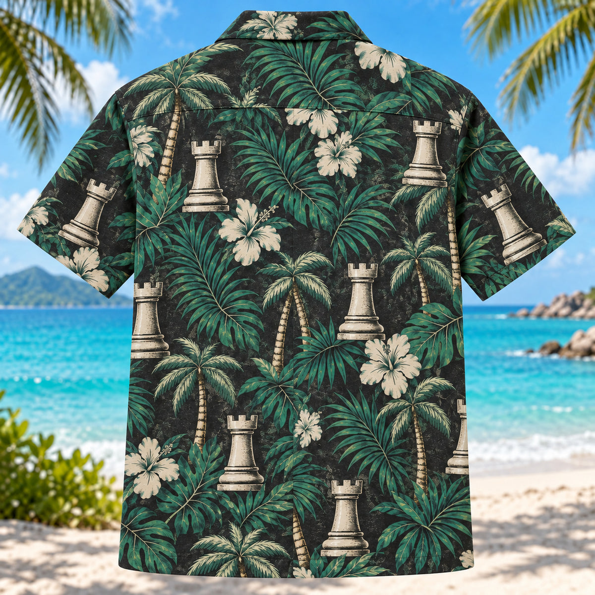 Back view of Rook Palm Chess Hawaiian Shirt with matching artwork in charcoal, cream, emerald